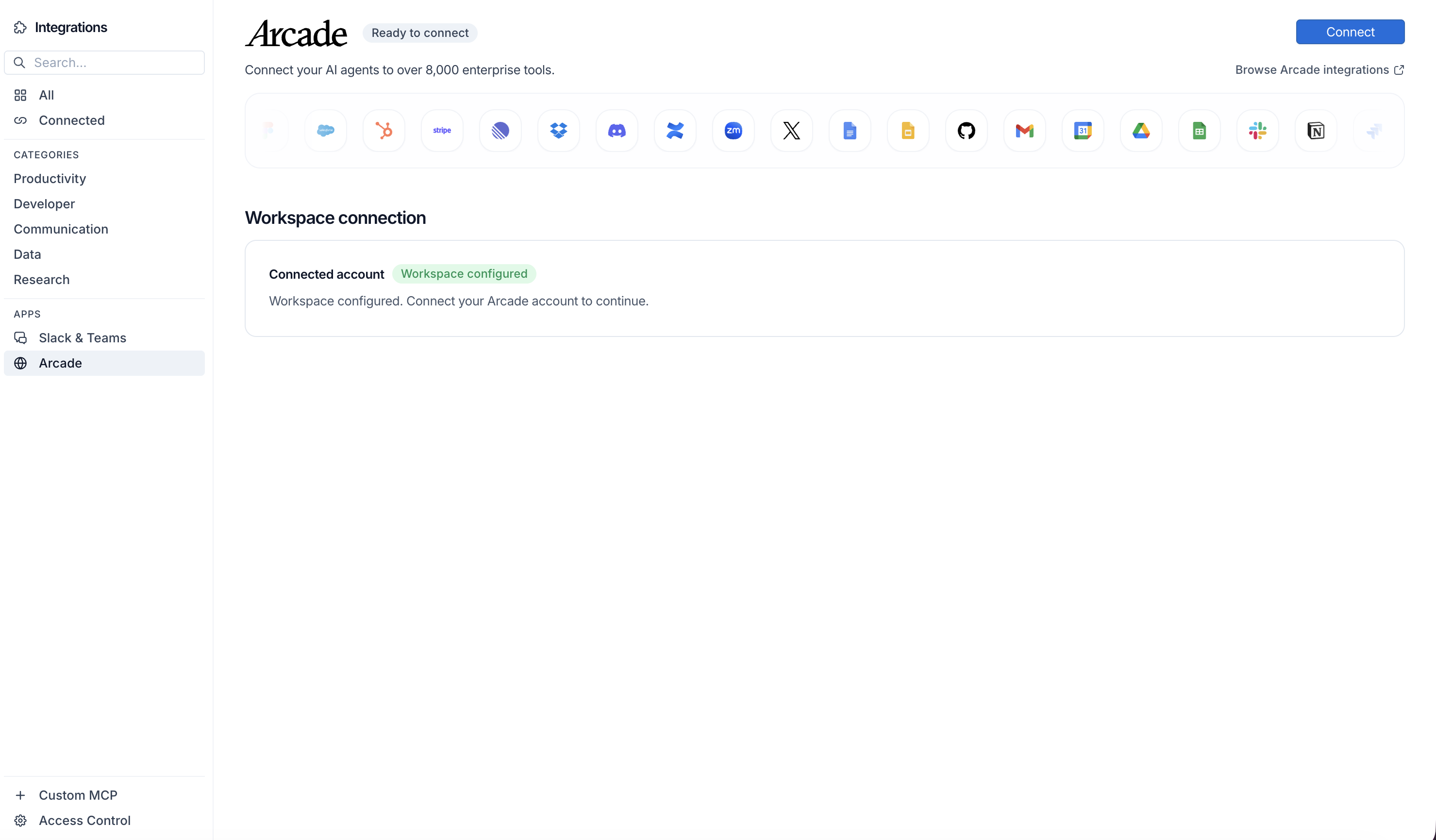 Select Arcade from the Apps sidebar in LangSmith Fleet and click Connect