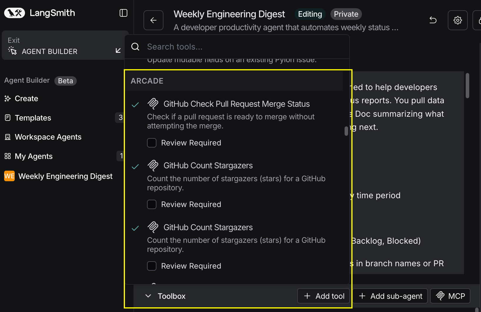 Selecting Arcade tools in LangSmith Agent Builder